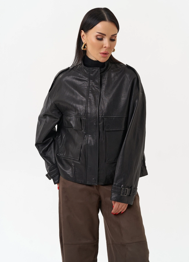 фото Женская куртка-рубашка из натуральной кожи  прямого силуэта модель № 22338