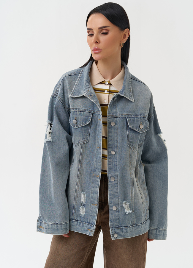 Женская джинсовая куртка голубого цвета модель № 30405 меха малина