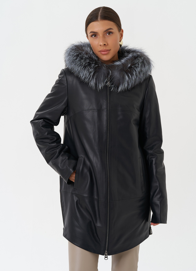 Утепленное полупальто из натуральной кожи с капюшоном  модель № 20201 универмаг малина