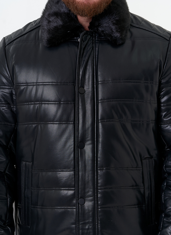 Пуховик из эко кожи с воротником стойкой