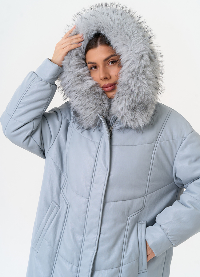 Женский пуховик из эко кожи с отделкой из эко меха модель № 30720 универмаг малина