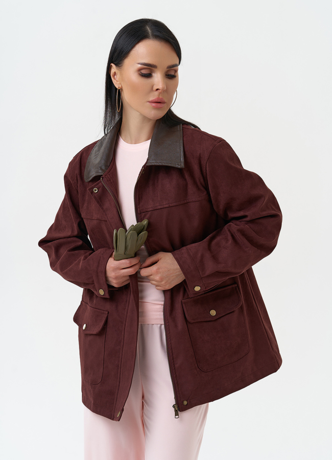 Женская парка из эко замши бордового цвета модель № 30375 меха малина