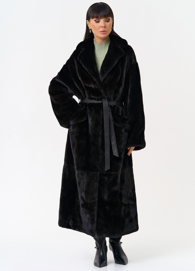 Длинная шуба из меха норки blackglama с поясом модель № 31636 в рассрочку
