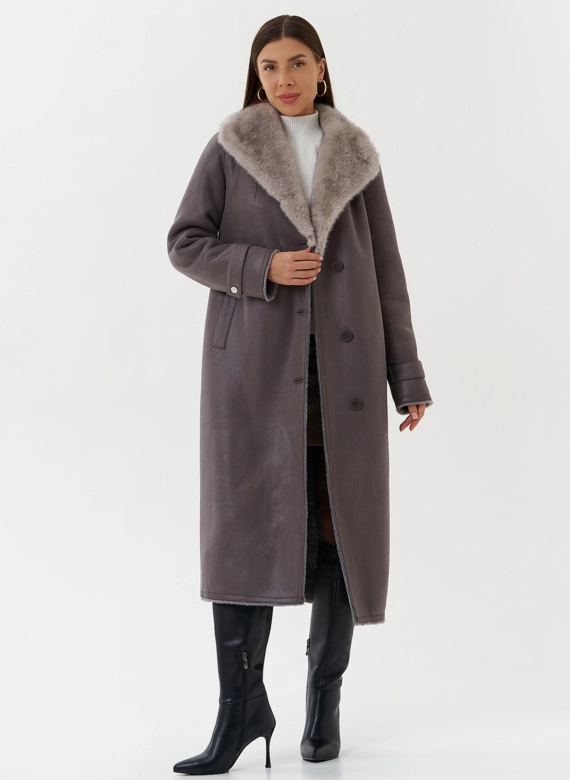 Длинная дубленка из эко кожи с воротником шаль