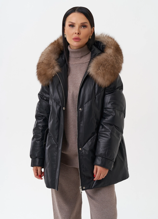 Женский кожаный пуховик с капюшоном модель № 28912 универмаг малина