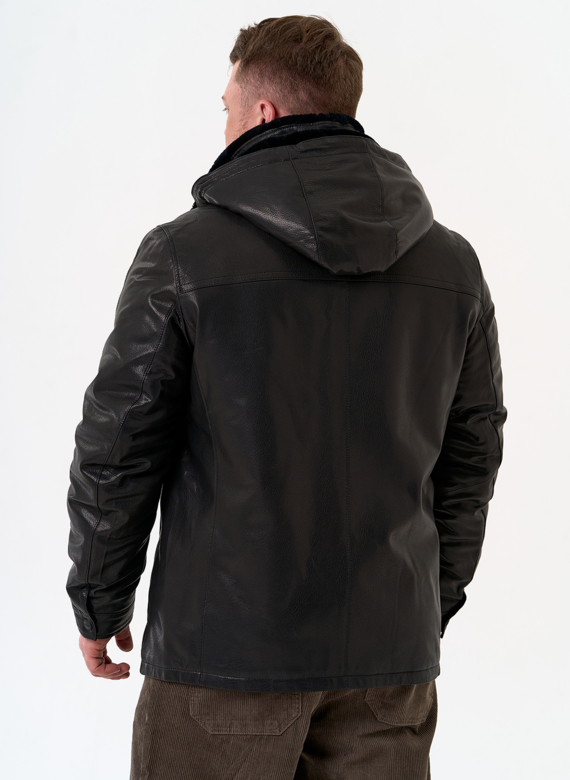 Мужская дубленка черного цвета с капюшоном