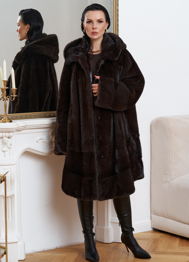 Норковая шуба с капюшоном модель № 27596 меха малина