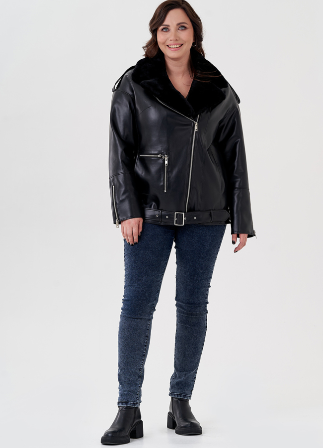 фото Куртка-косуха из эко кожи на утеплителе с натуральным мутоном модель № 24213