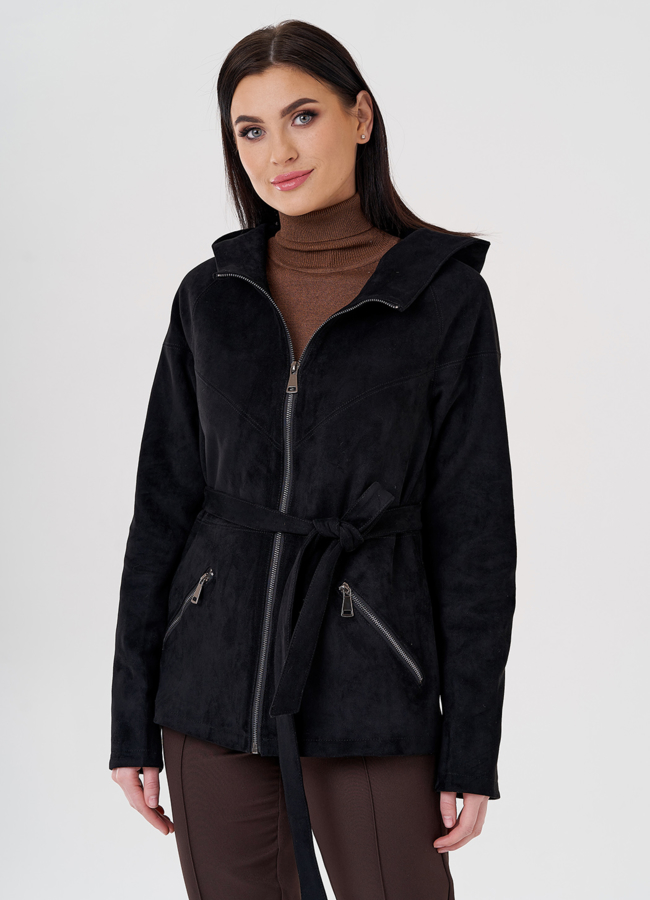Куртка из эко замши с капюшоном модель № 24104 меха малина