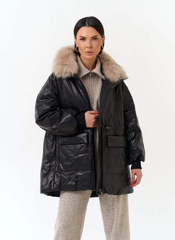 Утепленная кожаная куртка с песцом фото