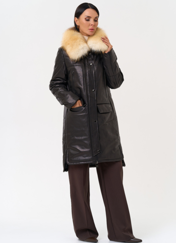Кожаный пуховик с воротником из лисы
