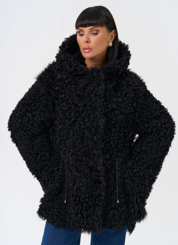 Женская двухсторонняя дубленка с капюшоном