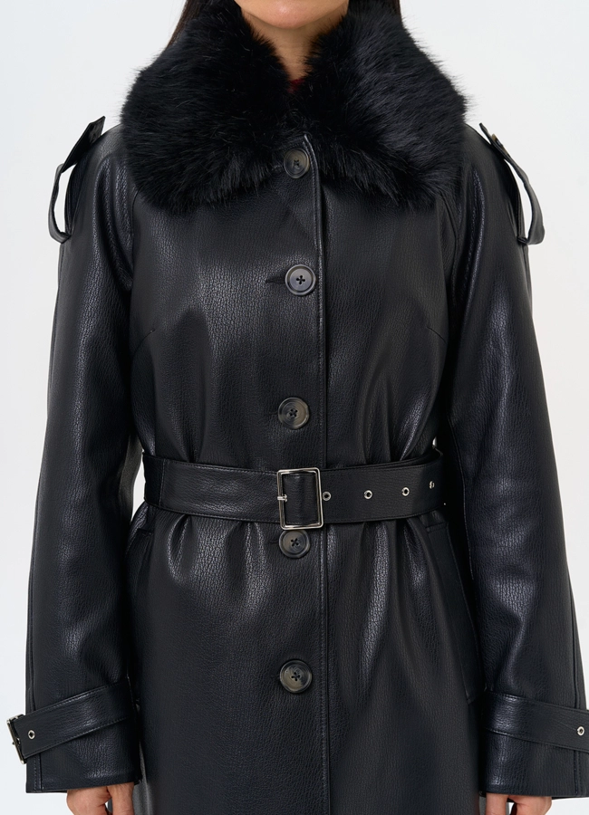Женское утепленное пальто из экокожи с воротником из эко меха модель № 30705 универмаг малина