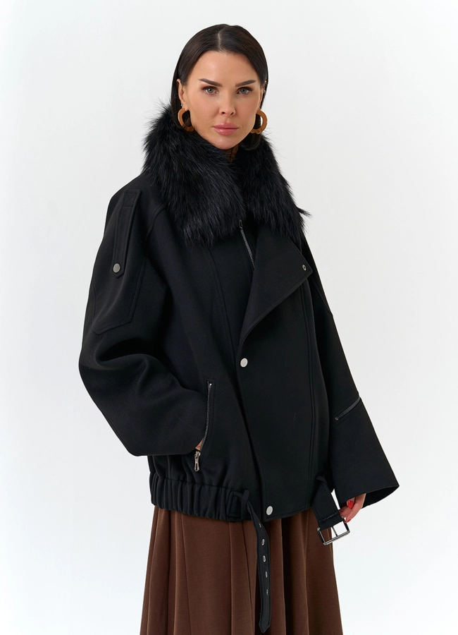 Женское укороченное пальто с отделкой из меха лисы модель № 32782 универмаг малина