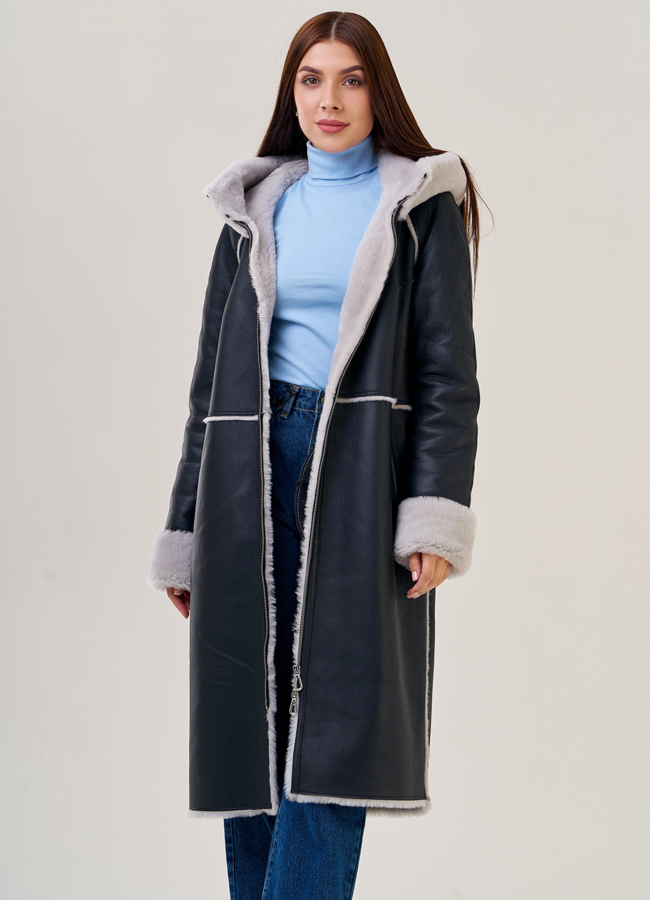 Женская дубленка с капюшоном модель № 24557 универмаг малина