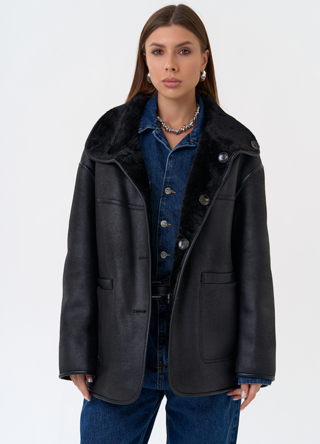Женская двухсторонняя дубленка из эко замши в черном цвете модель № 31286 универмаг малина