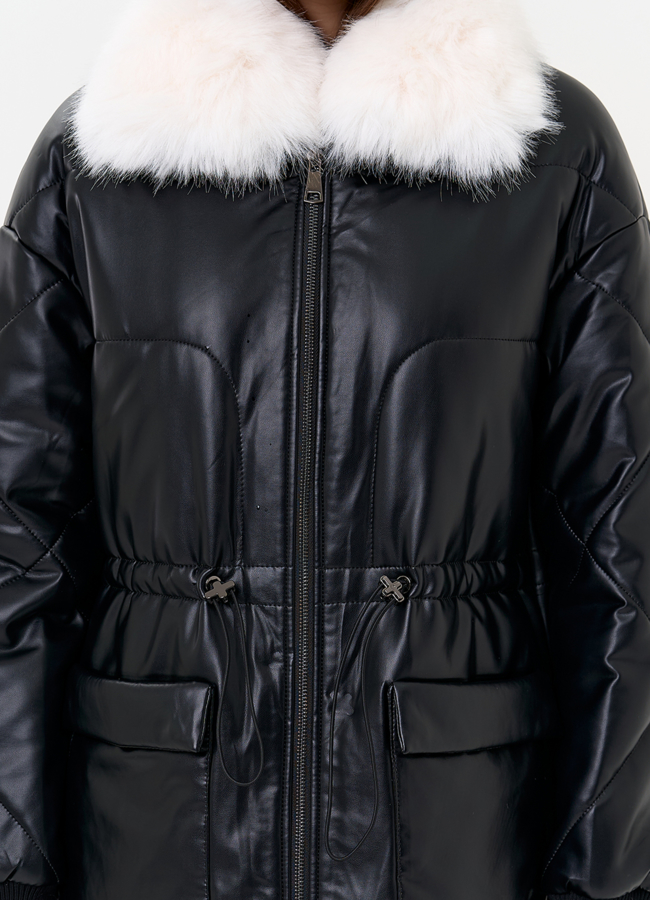 Женский пуховик из эко кожи с воротником из эко меха модель № 30724 универмаг малина