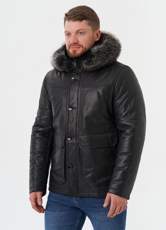 Пуховик из натуральной кожи с мехом енота модель № 25995 в кредит