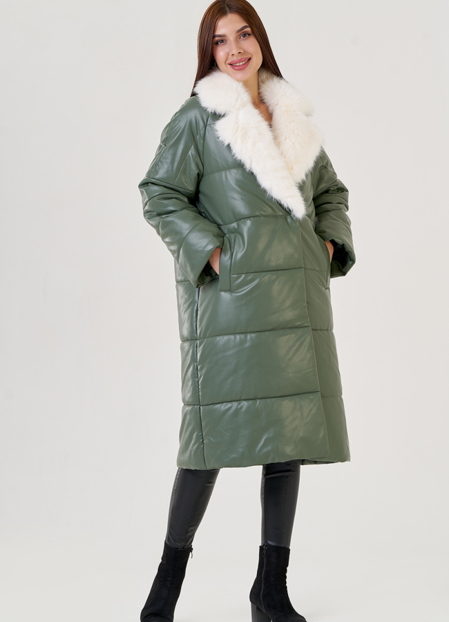 Женский классический пуховик Malina Siberian из эко кожи в зеленом цвете модель № 23365 универмаг малина