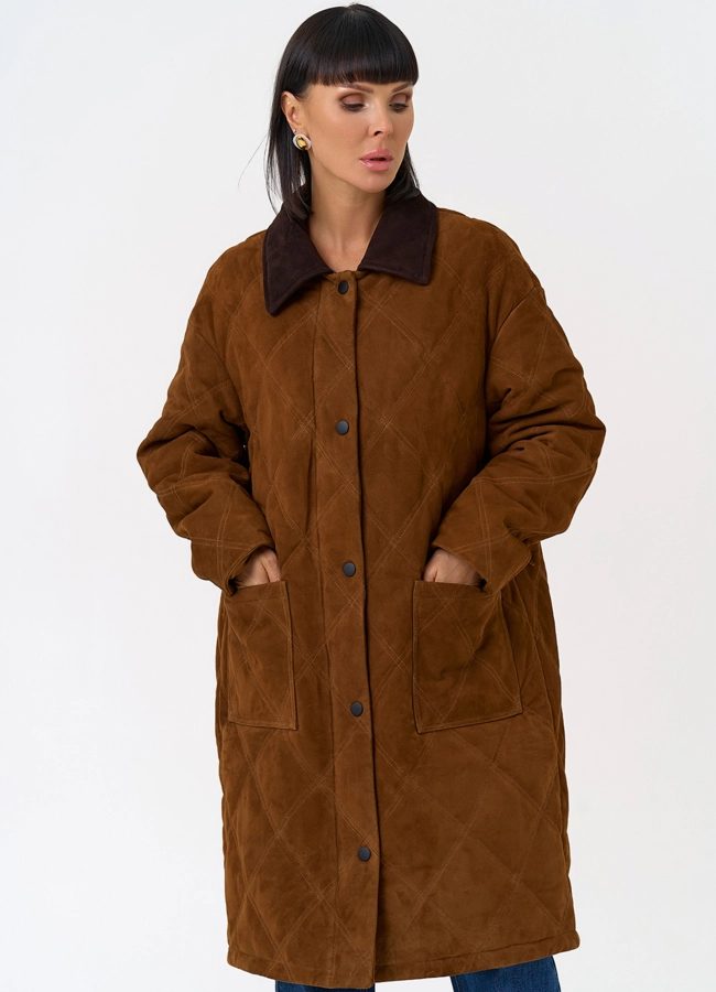 Женский пуховик из натуральной замши  модель № 31567 меха малина