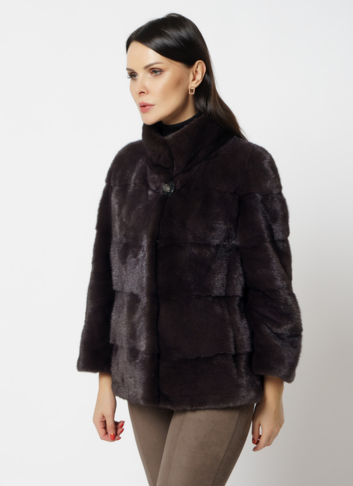 Норковая шуба с воротником стойкой коричневого цвета Норковая шуба с воротником стойкой коричневого цвета