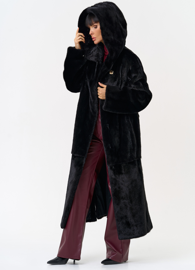 Женская шуба из скандинавской норки с капюшоном модель № 31635 универмаг малина