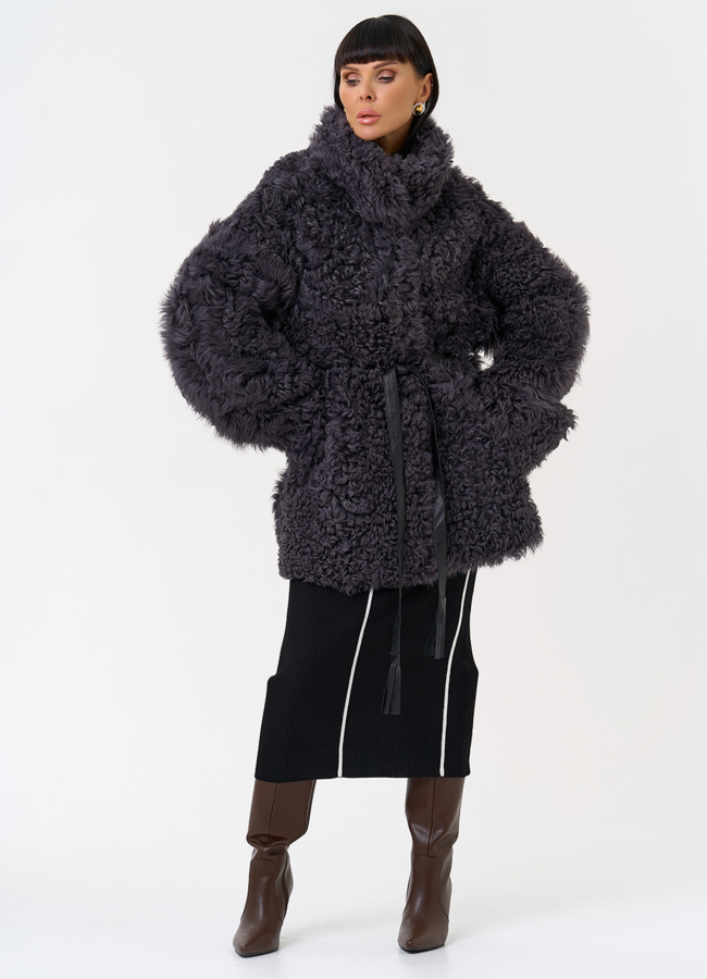 Женская двухсторонняя дубленка с декоративным поясом модель № 31617 универмаг малина